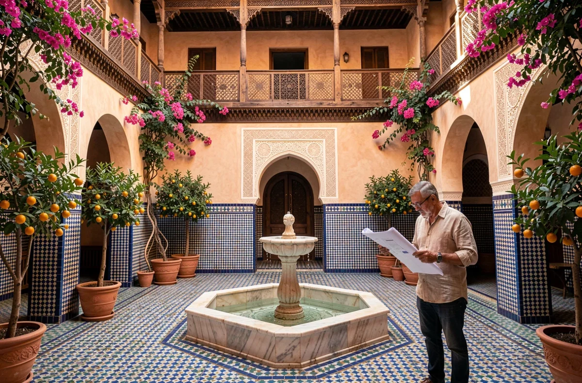 Patio intérieur d'un riad traditionnel à Marrakech avec fontaine en marbre, zellige bleu et arbre à oranges, idéal pour un investissement immobilier