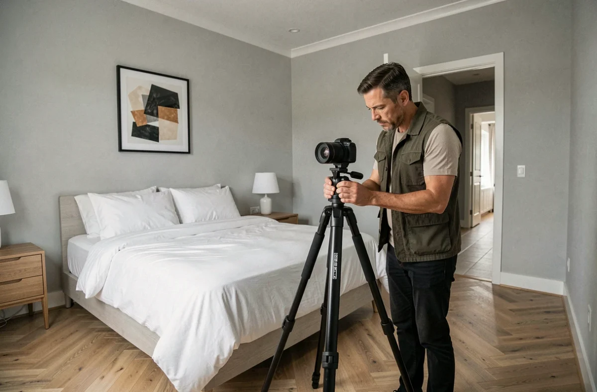 Photographe immobilier installant une caméra 360 degrés sur trépied dans une chambre mise en scène pour vente