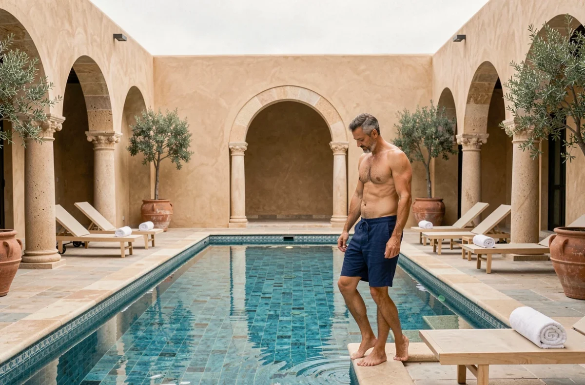 Piscine privée d'un riad de luxe à Essaouira avec architecture marocaine traditionnelle et carrelage Zellige aqua