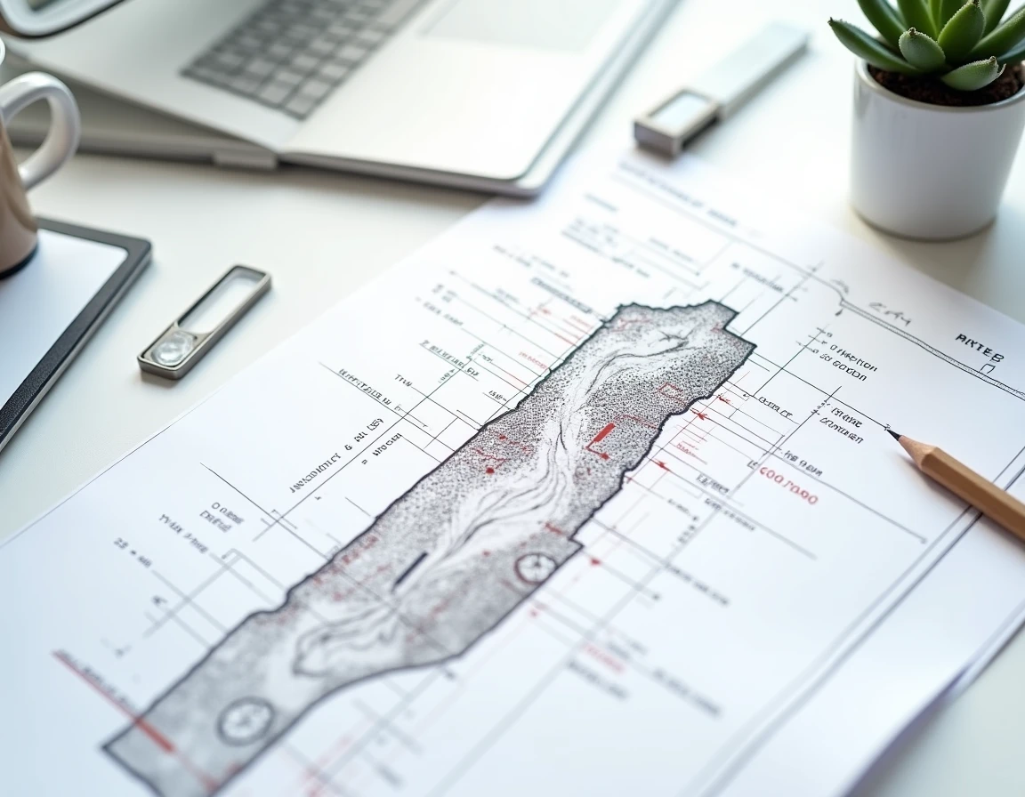 Plan de coupe terrain annoté en détail avec règle et équerre sur un bureau, pour permis de construire
