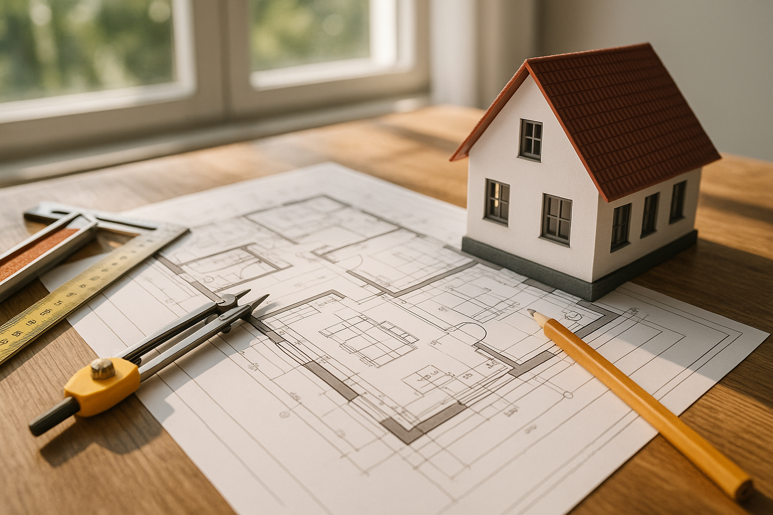 Plans architecturaux et outils de construction sur une table