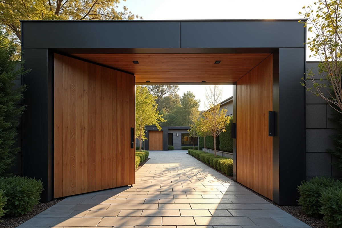 Portail de driveway en bois naturel et acier noir mat