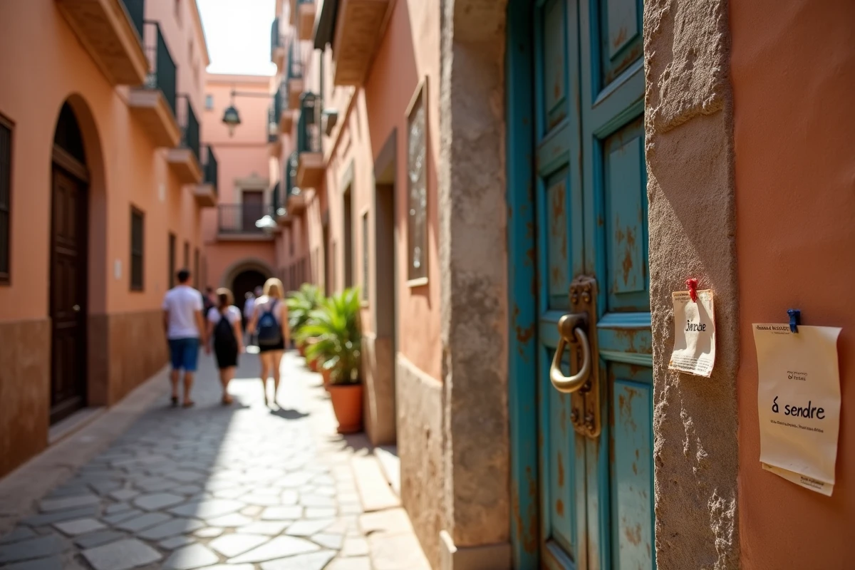 Porte en bois bleue d'un riad à vendre dans une ruelle de la médina de Marrakech avec affiche de vente artisanale