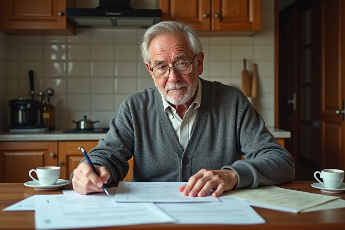 Personne âgée organisant ses documents de succession à domicile avant une consultation chez le notaire