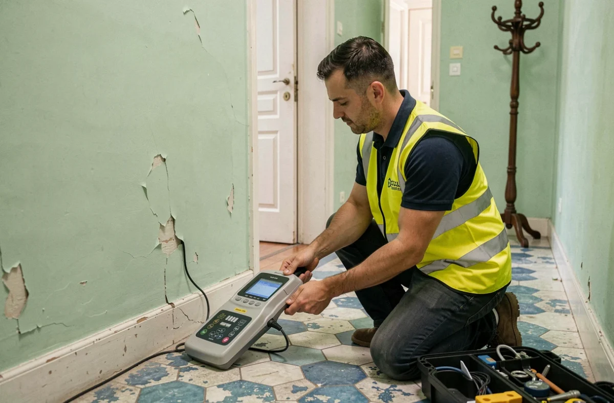 Technicien de Prima Diag détectant la présence de plomb sur les plinthes d'un couloir d'appartement marseillais traditionnel