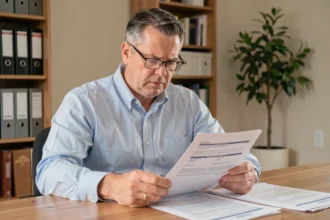 Propriétaire bailleur analysant les documents d'assurance PNO à son bureau à domicile