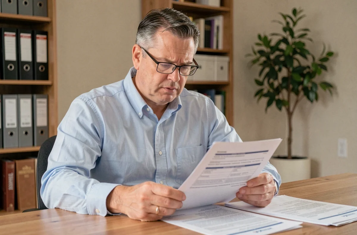 Propriétaire bailleur analysant les documents d'assurance PNO à son bureau à domicile