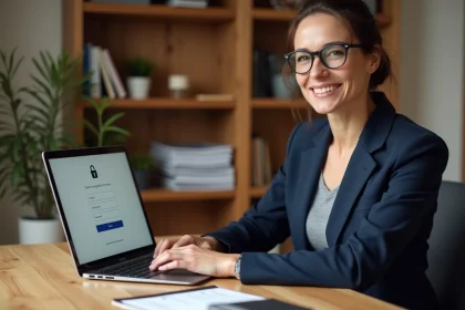 Propriétaire de gîte accédant au bureau en ligne Gîtes de France sur son ordinateur portable sécurisé
