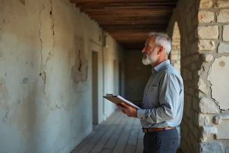Propriétaire inspectant des fissures structurelles sur un mur en pierre dans un appartement ancien, illustrant les grosses réparations de l'article 606 du code civil