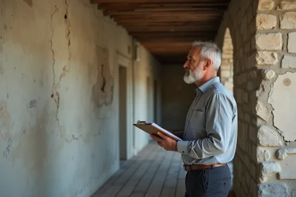 Propriétaire inspectant des fissures structurelles sur un mur en pierre dans un appartement ancien, illustrant les grosses réparations de l'article 606 du code civil
