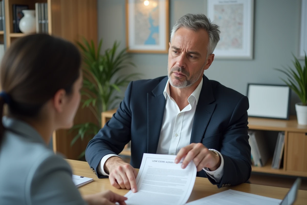 Propriétaire et locataire examinant un contrat de bail en agence immobilière, dans le cadre d'une discussion sur les garanties contre les loyers impayés