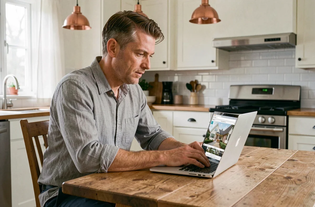 Propriétaire consultant une visite virtuelle immobilière 360 sur ordinateur portable dans une cuisine moderne