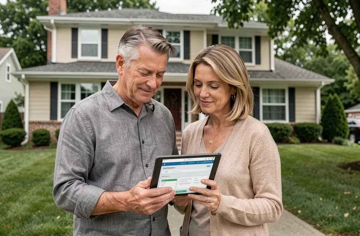 Couple de propriétaires consultant l'estimation en ligne de leur maison avant une vente immobilière en 2026