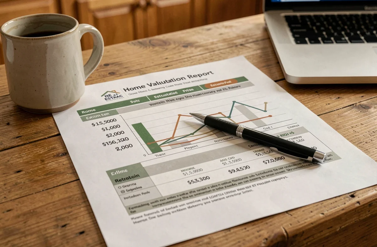 Rapport d'estimation immobilière imprimé posé sur une table avec un stylo et un café, prêt pour la préparation d'une vente de maison