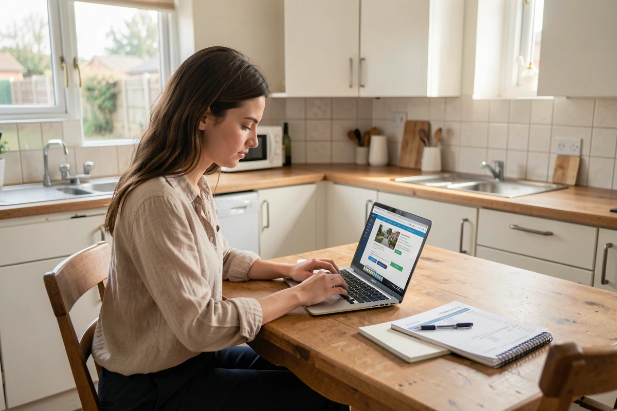 Jeune femme cherchant une location maison plain-pied 2 chambres en ligne avec un budget défini