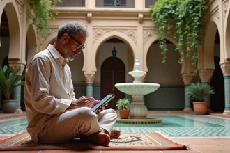 Homme consultant des annonces de riad à vendre sur une tablette dans la cour intérieure d'un riad traditionnel de Marrakech avec fontaine et zellige