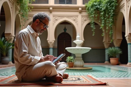 Homme consultant des annonces de riad à vendre sur une tablette dans la cour intérieure d'un riad traditionnel de Marrakech avec fontaine et zellige