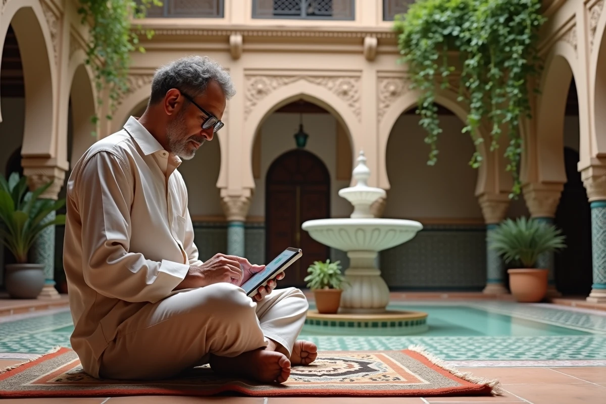 Homme consultant des annonces de riad à vendre sur une tablette dans la cour intérieure d'un riad traditionnel de Marrakech avec fontaine et zellige