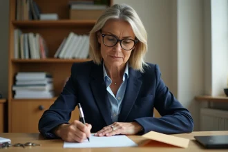 Femme rédigeant une lettre de préavis pour son logement avec des clés et des documents administratifs posés sur un bureau en bois