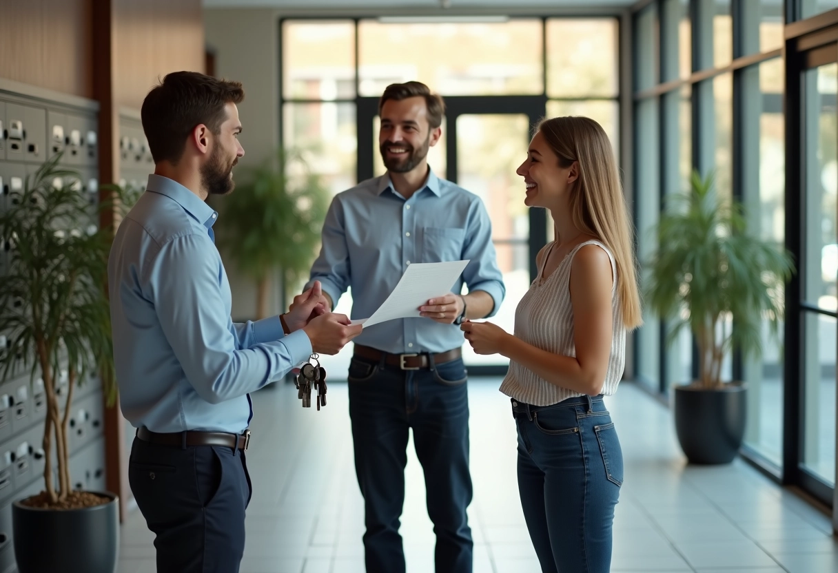 Homme remettant des clés à un couple dans un hall d
