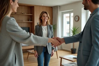 Femme souriante remettant des clés à un jeune couple dans un appartement