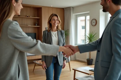 Femme souriante remettant des clés à un jeune couple dans un appartement