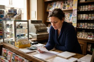 Femme examinent des documents de reprise dans un bureau de tabac traditionnel en Isère