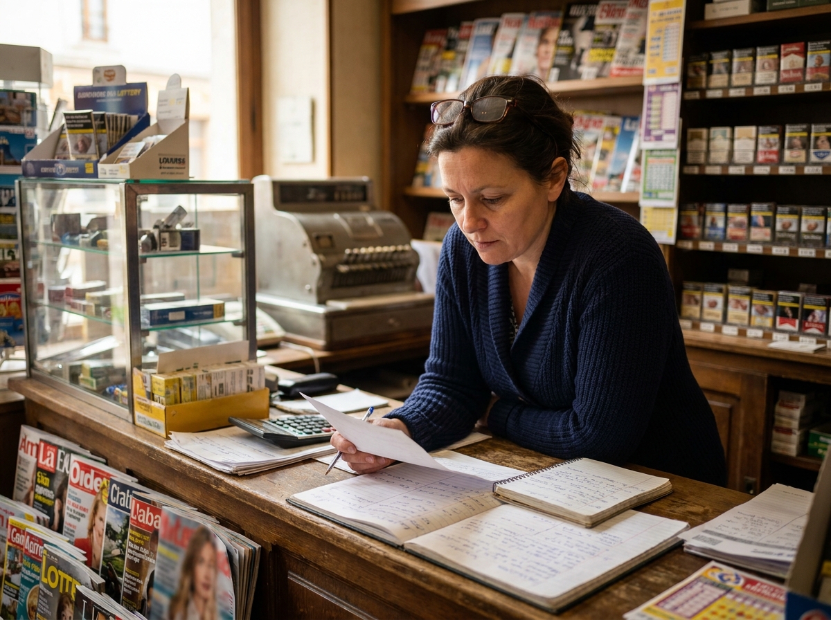 Femme examinent des documents de reprise dans un bureau de tabac traditionnel en Isère