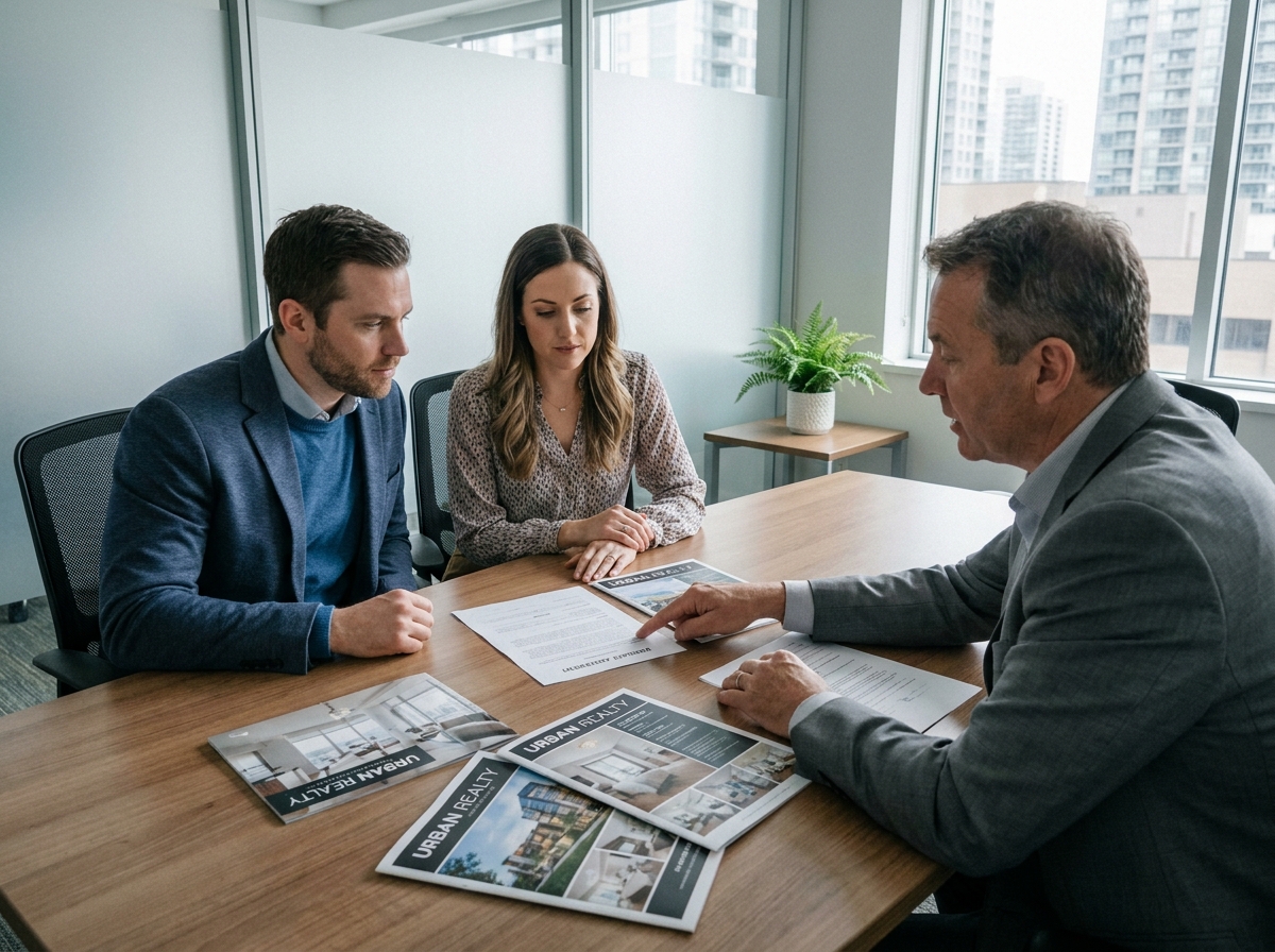 Couple de futurs acheteurs immobiliers en réunion avec un chasseur immobilier pour signer un mandat de recherche
