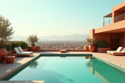 Terrasse rooftop avec piscine à débordement dans un appartement moderne à Guéliz Marrakech avec vue sur la ville et les montagnes de l'Atlas