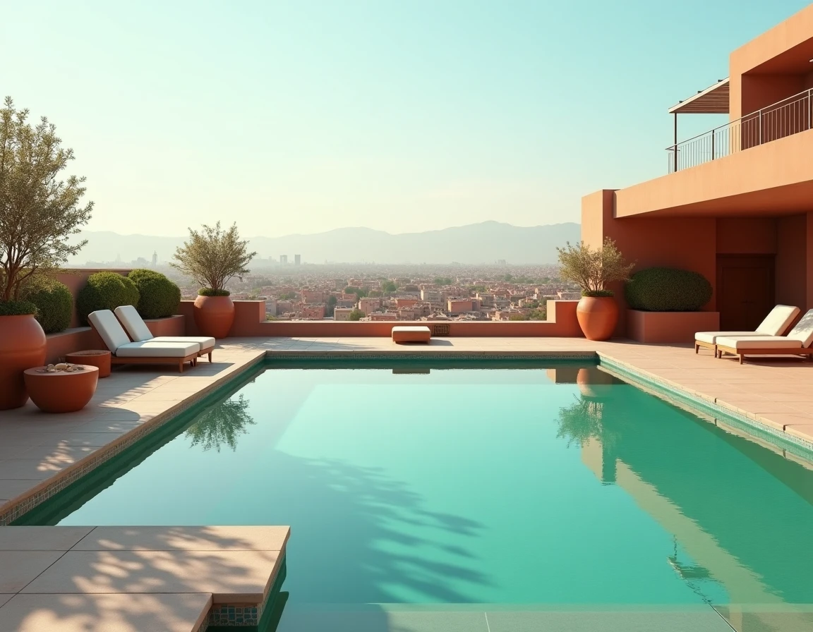 Terrasse rooftop avec piscine à débordement dans un appartement moderne à Guéliz Marrakech avec vue sur la ville et les montagnes de l'Atlas