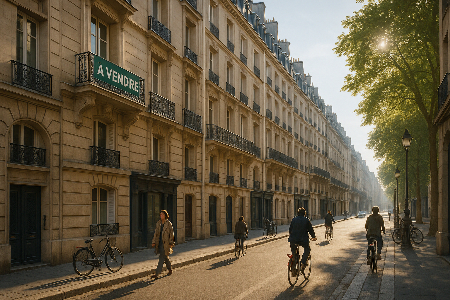 Rue parisienne classique avec immeubles et panneau a vendre