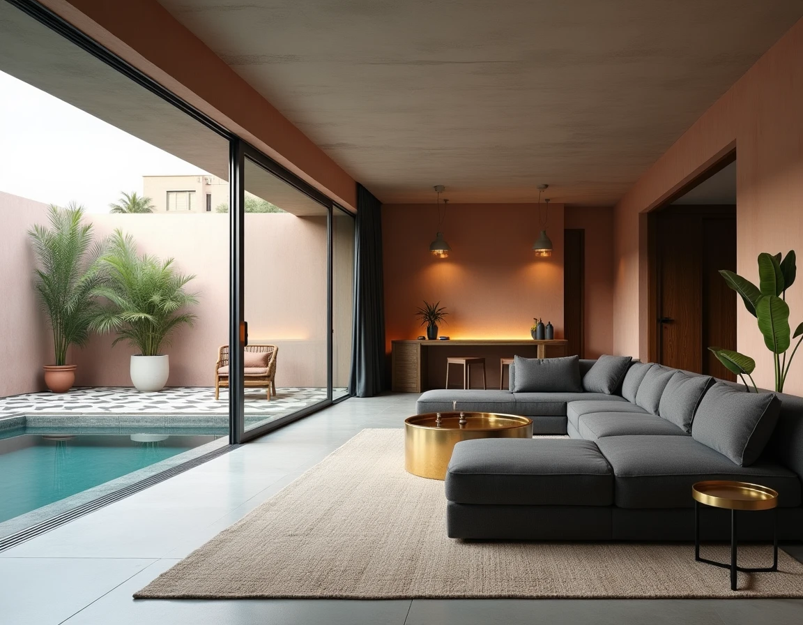Salon moderne d'un appartement à vendre à Guéliz Marrakech avec piscine privée et carreaux de ciment en zellige dans un cadre contemporain