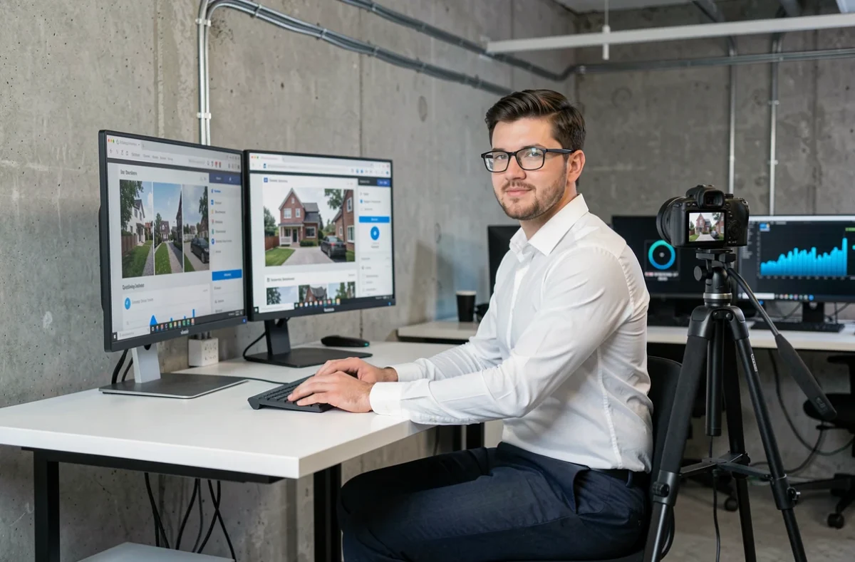 Agent immobilier digital SellingImmo travaillant sur des plateformes numériques avec des écrans de listings immobiliers en Haute-Savoie