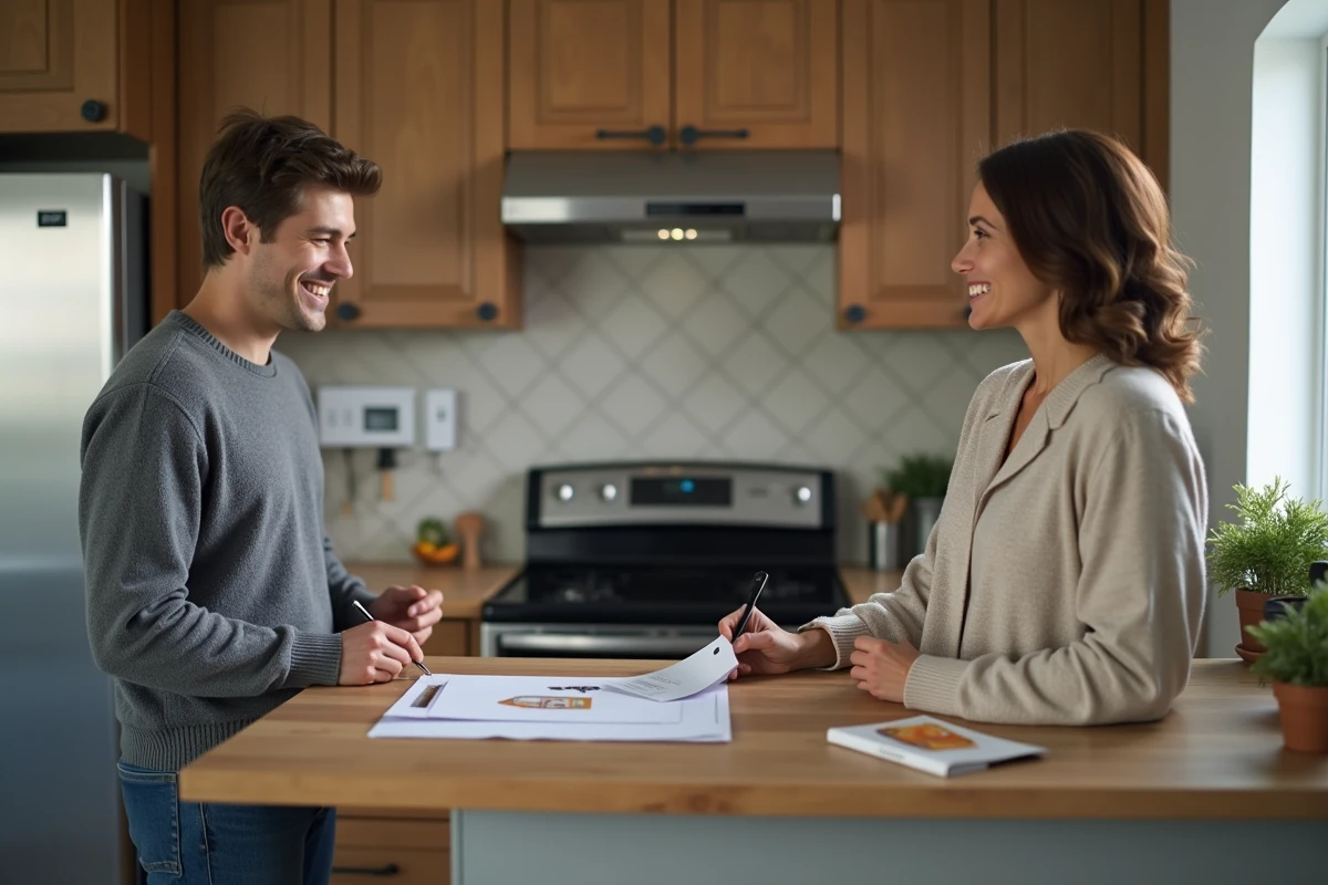 Jeune homme signant un reçu de dépôt dans une cuisine moderne