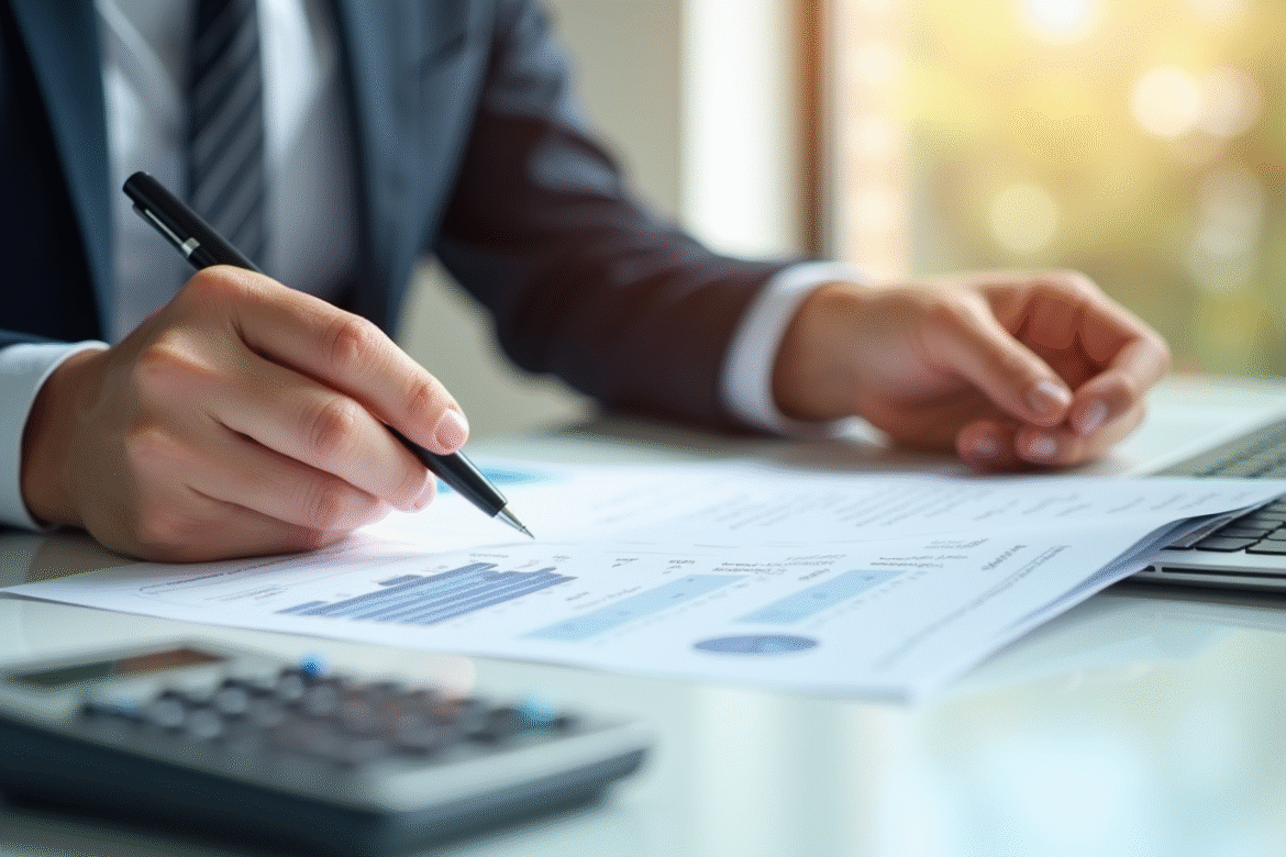 Mains signant des documents financiers avec une calculatrice