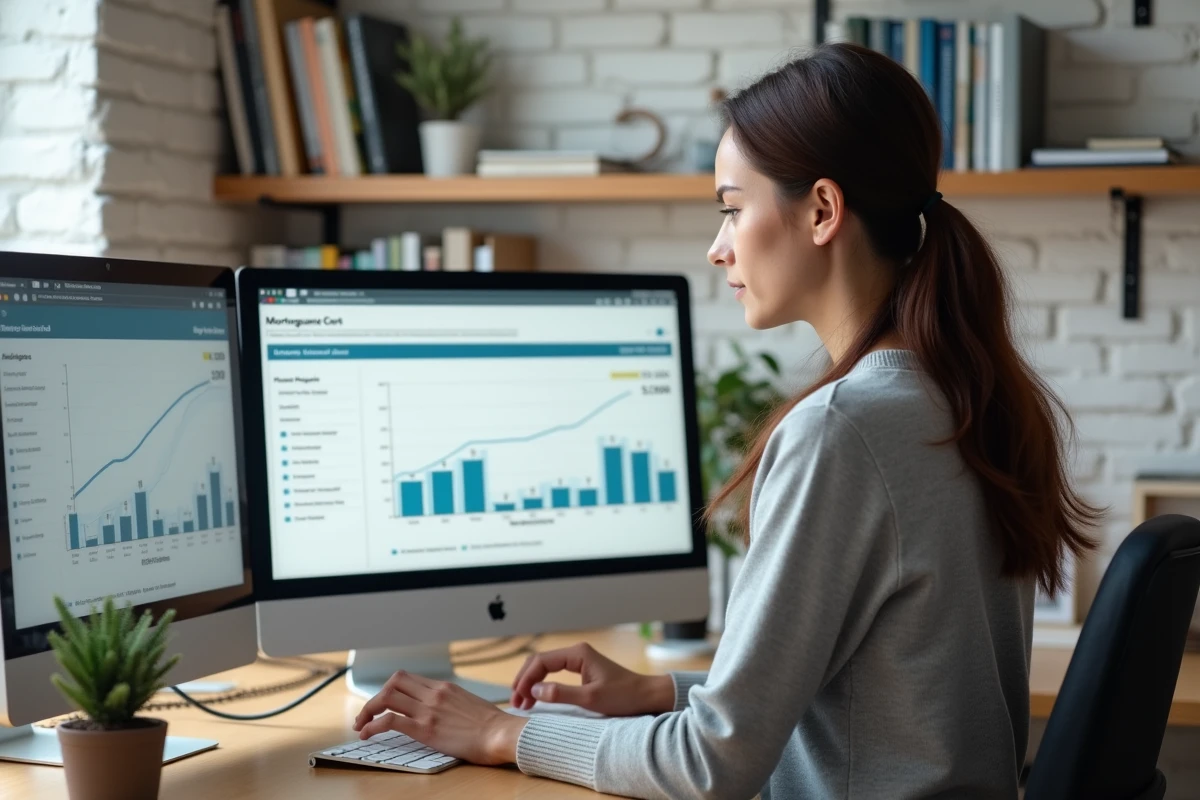 Jeune femme analysant une simulation de crédit immobilier sur 25 ans sur ordinateur dans un bureau à domicile