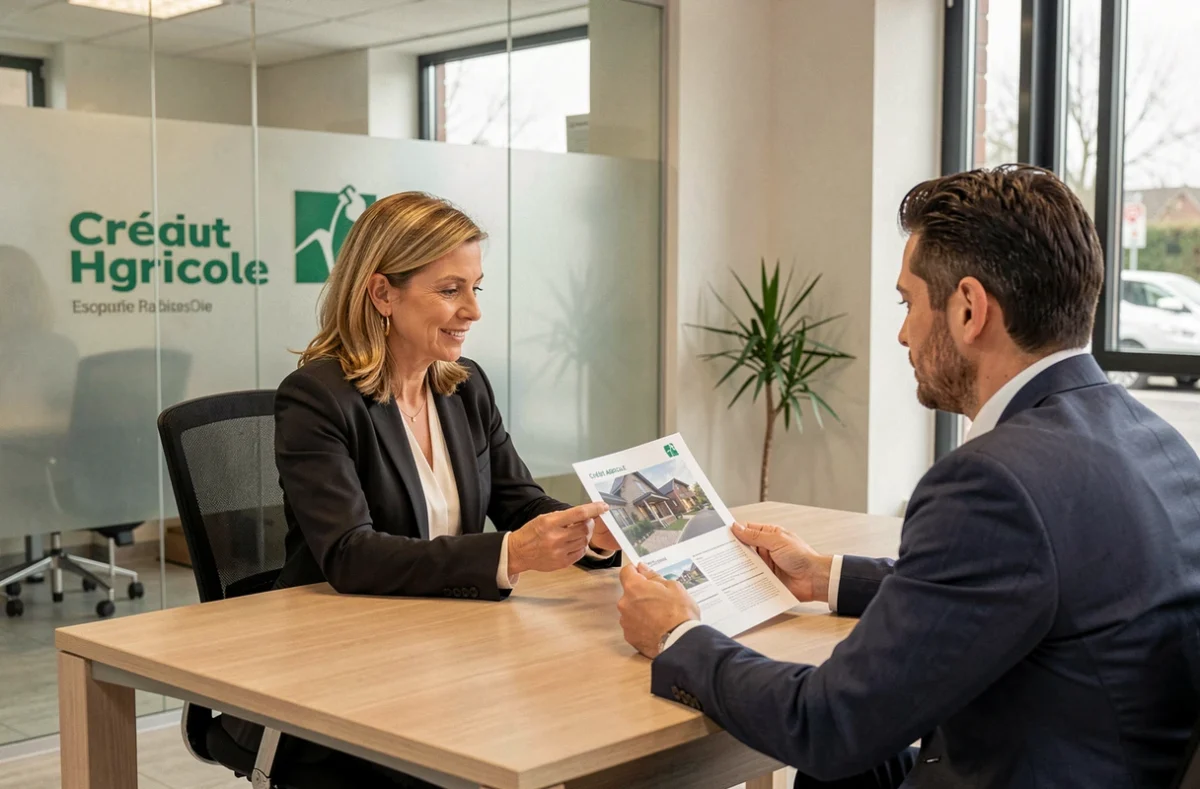 Conseillère Square Habitat filiale du Crédit Agricole présentant un dossier de gestion locative à un investisseur dans une agence moderne