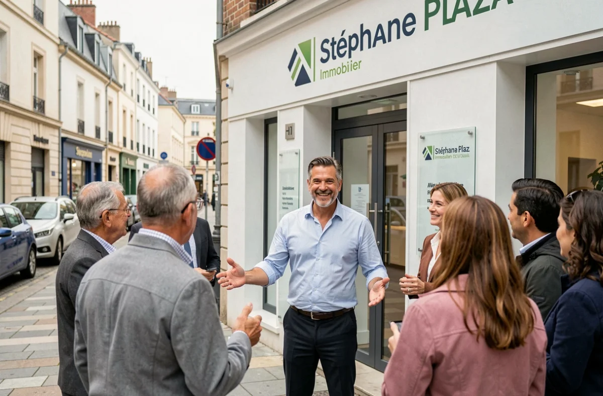 Agent Stéphane Plaza Immobilier accueillant des clients devant une agence récemment ouverte dans une ville française reflétant la notoriété médiatique de la marque