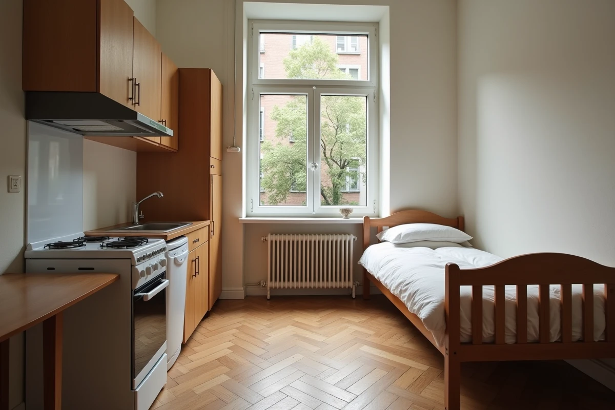 Studio meublé petit budget à Berlin avec parquet et vue sur cour typique Altbau