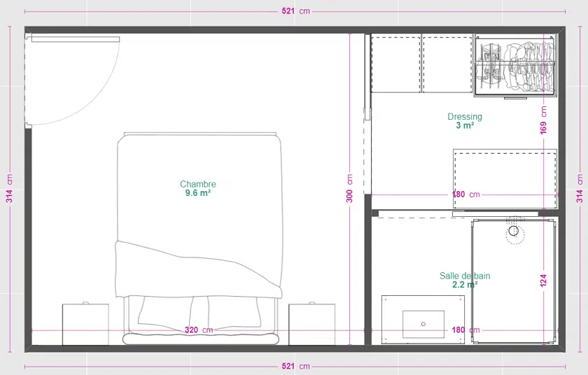 plan suite parentale 15 m² avec dressing