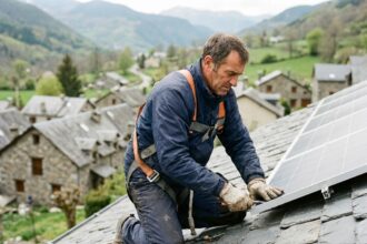 Technicien solaire installant des panneaux sur un toit en ardoise