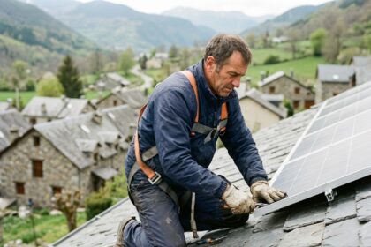 Technicien solaire installant des panneaux sur un toit en ardoise