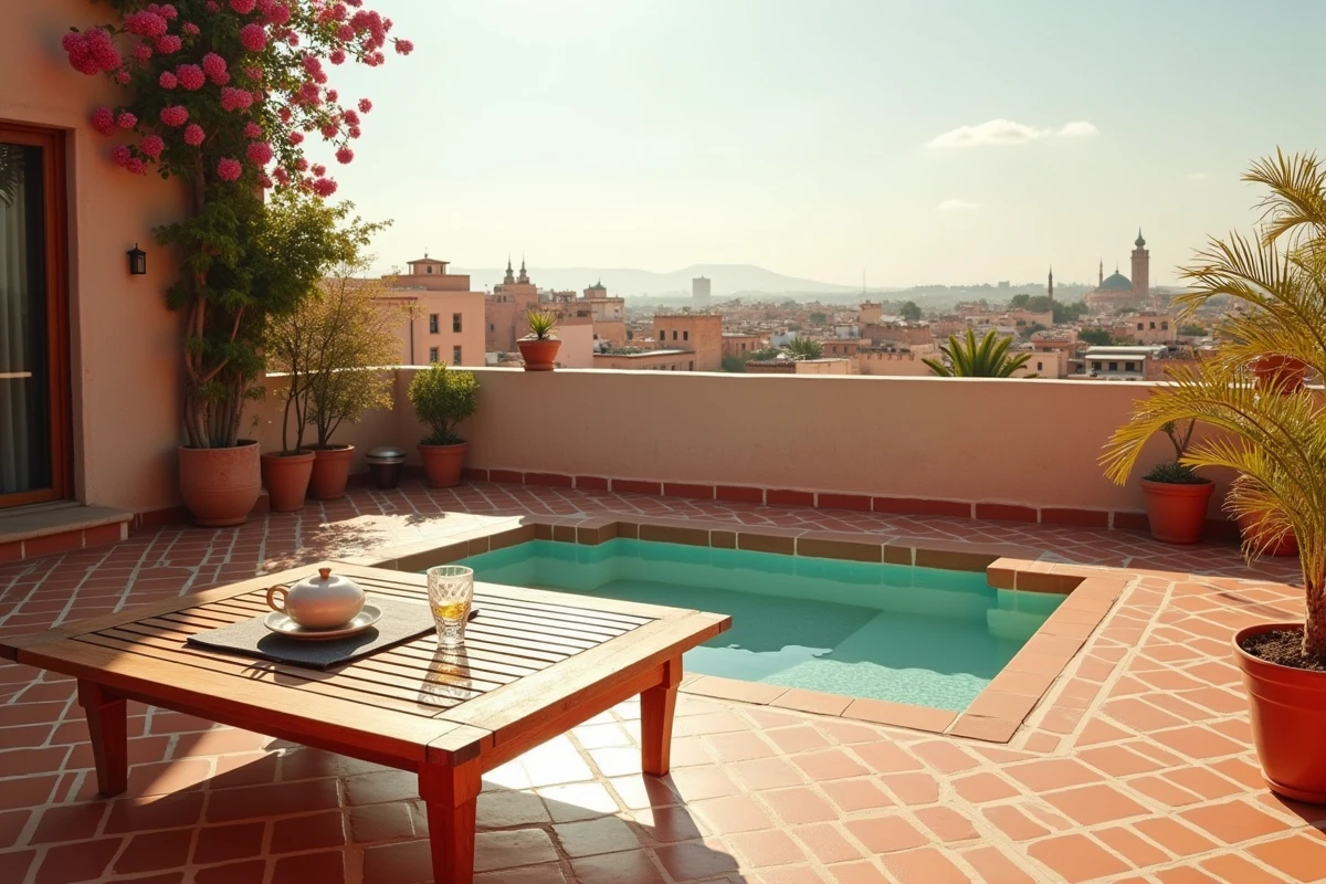 Terrasse d'appartement à vendre à Marrakech avec piscine et vue sur la médina, idéal pour la location saisonnière