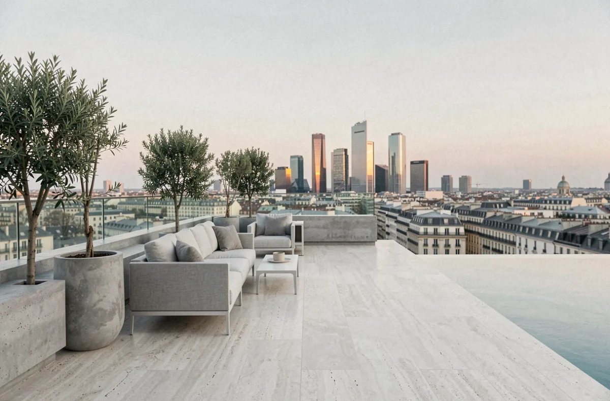 Terrasse luxueuse d'un penthouse avec vue panoramique sur une skyline urbaine européenne au crépuscule