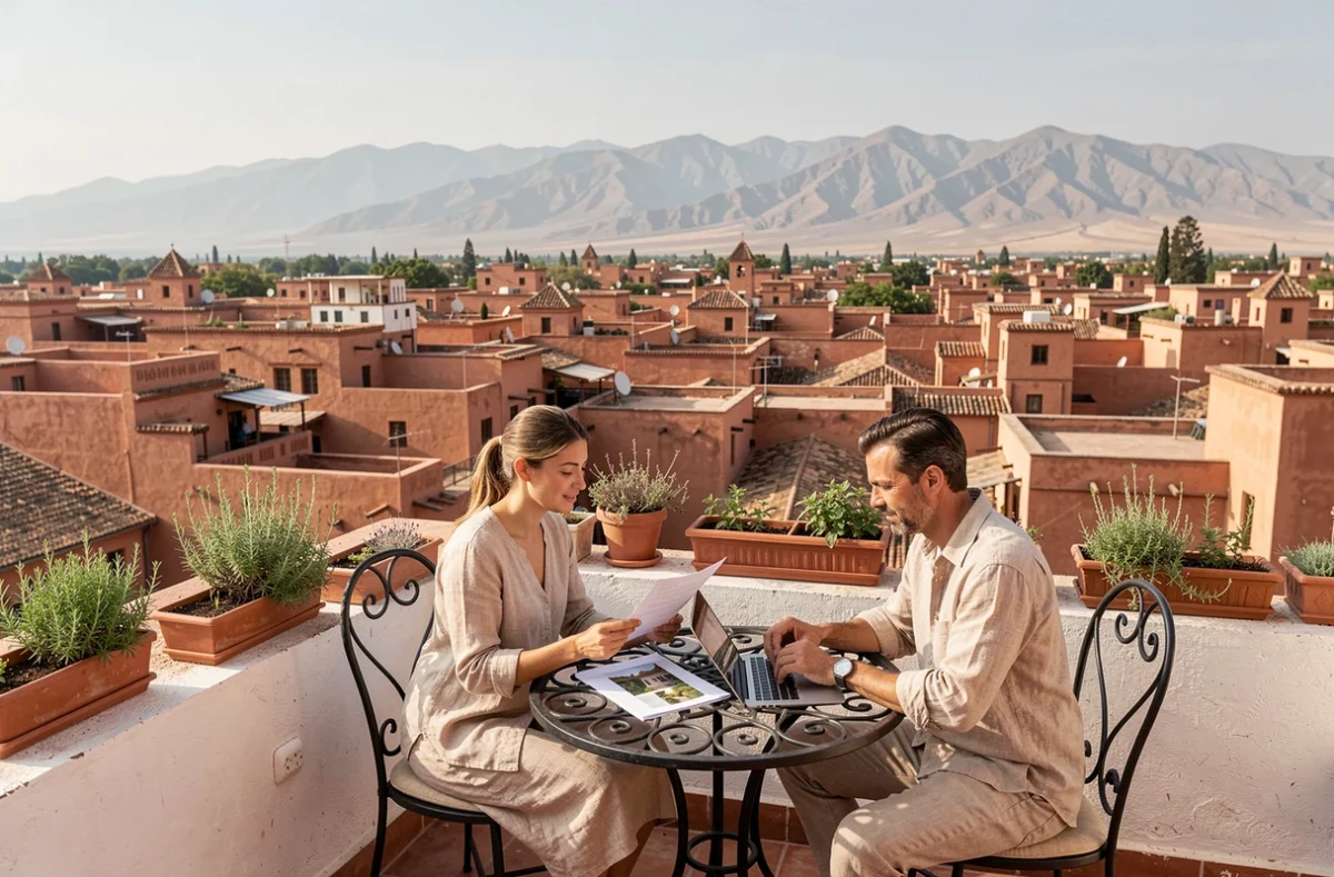 Couple d'investisseurs européens sur la terrasse d'un riad rénové à Marrakech avec vue panoramique sur la médina et l'Atlas