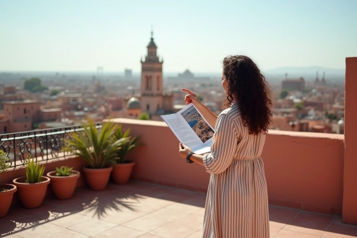 Femme consultant une brochure immobilière sur le toit-terrasse d'un riad avec vue panoramique sur les toits de la médina de Marrakech