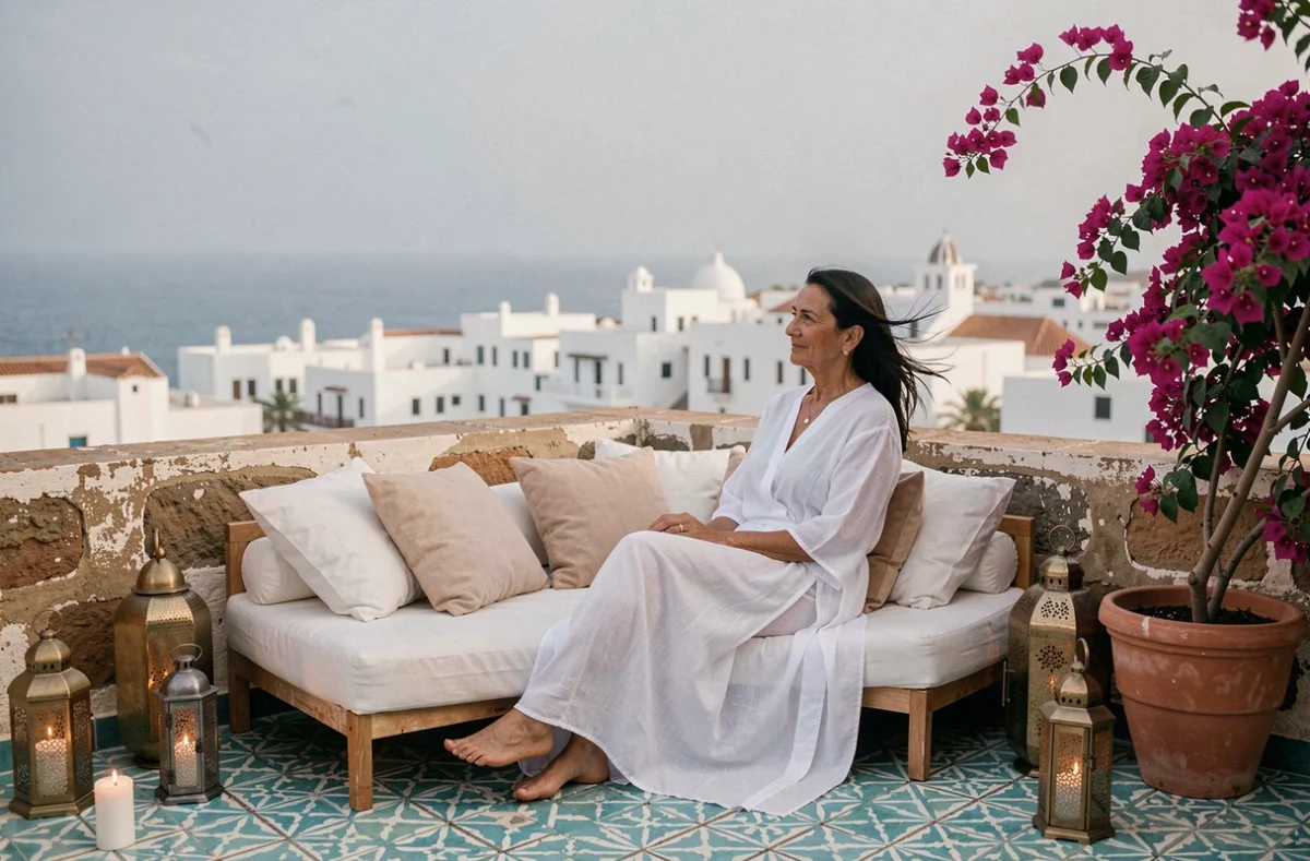 Terrasse de villa de luxe à Essaouira avec vue sur la médina et l'océan Atlantique, femme en kaftan blanc se relaxant
