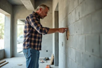 Homme inspectant un mur de carrelage en rénovation intérieure