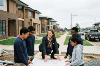 Urbaniste en réunion avec jeunes adultes devant maison neuve